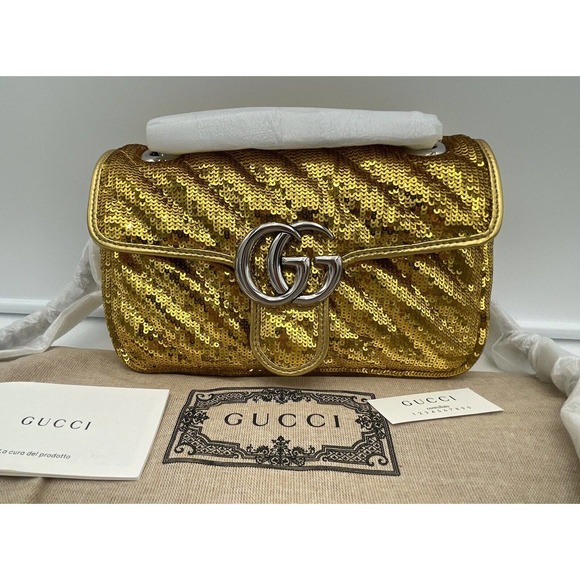 NEW! GUCCI MARMONT METALLIC SEQUIN GOLD  GG CROSSBODY BAG PURSE AUTHENTIC - Picture 5 of 15